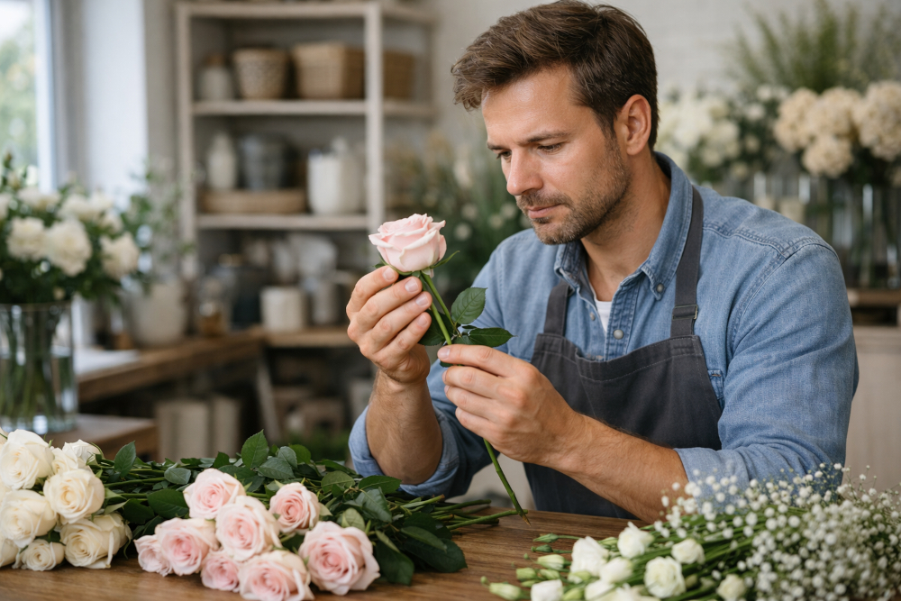 Флорист определяет качество роз
