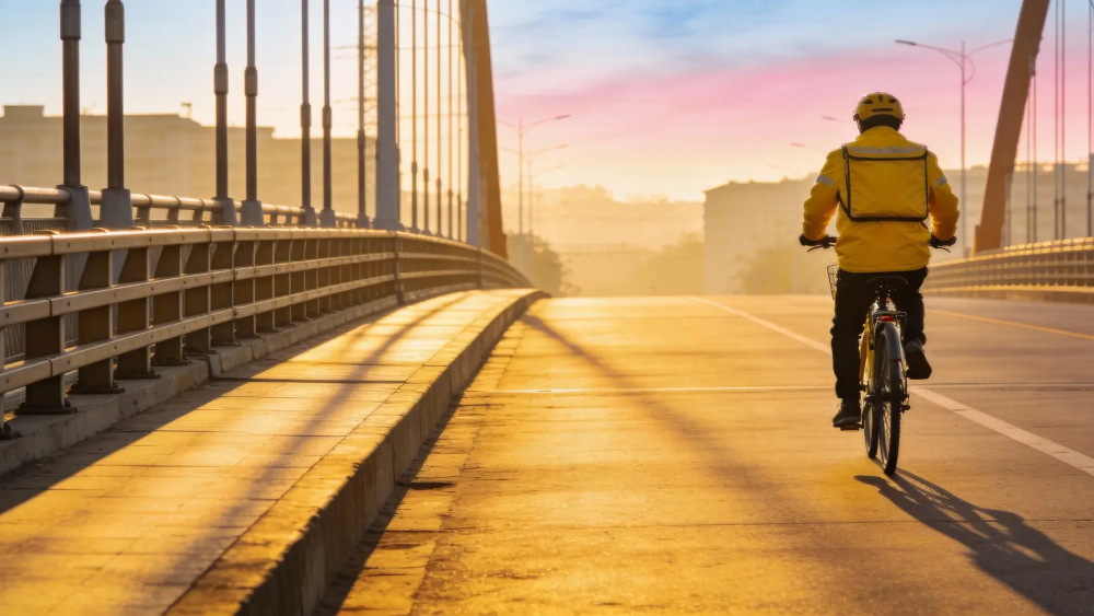 Пеший курьер с желтым рюкзаком забирает собранный заказ у окна ресторана