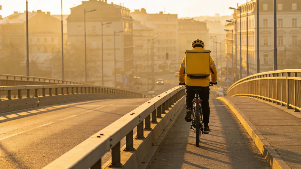 Велокурьер едет по заснеженной улице во время вечерней доставки
