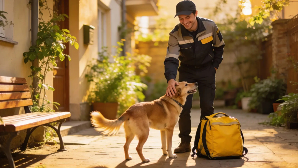 Курьер на велосипеде проезжает по широкому проспекту в спальном районе